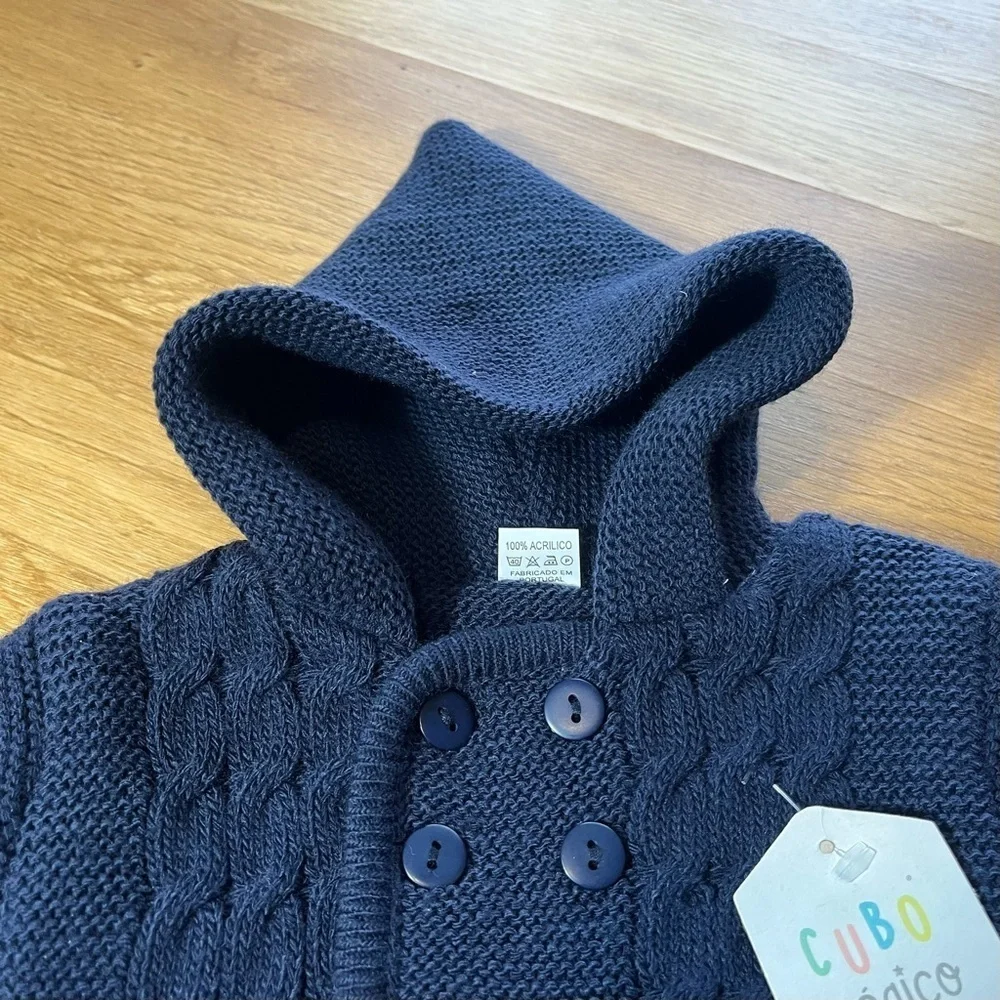 NWT Cubo Magico Baby 6M Navy Knit Hooded Cardigan Jacket Unisex